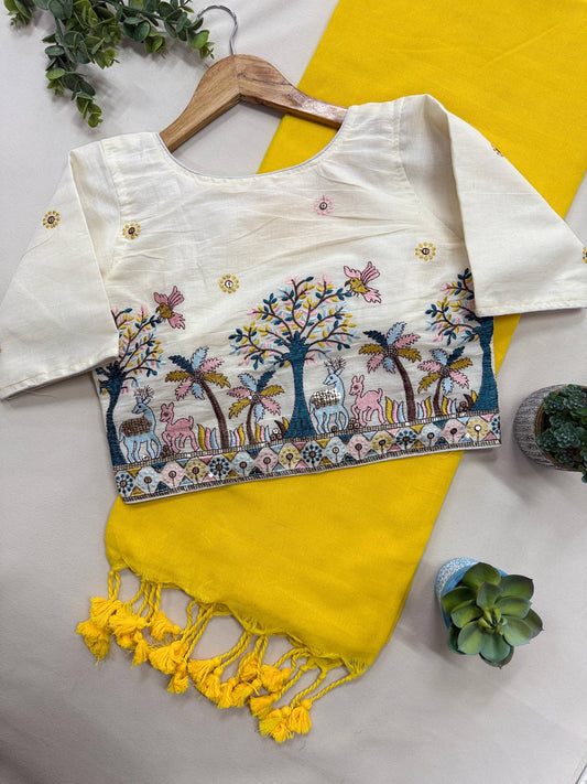 Yellow Pure Handloom Cotton Saree With Stitched Handwork Blouse