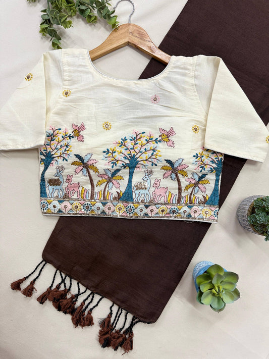 Dark Brown Khadi Cotton Saree With Stitched Handwork Blouse