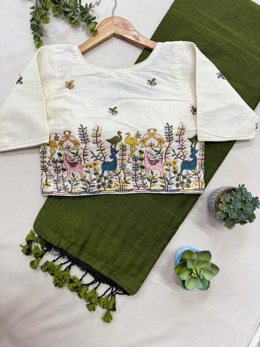 Pure Handloom Cotton Saree With Stitched Handwork Blouse