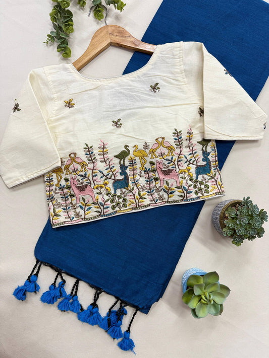 Royal Blue Pure Handloom Cotton Saree With Stitched Handwork Blouse