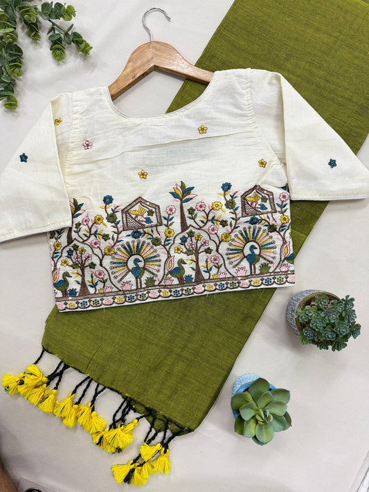 Parrot Pure Handloom Cotton Saree With Stitched Handwork Blouse
