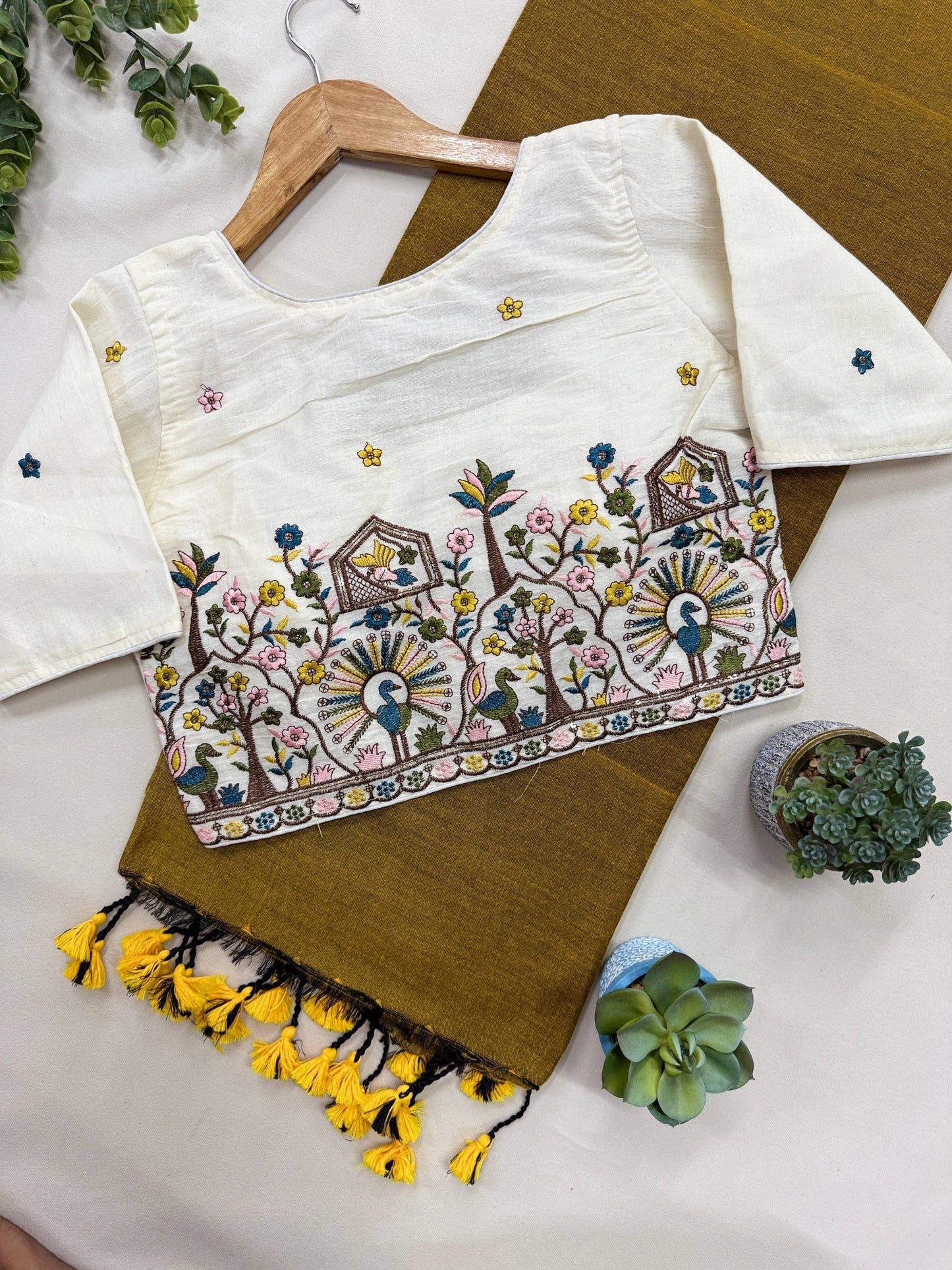 Mustard Yellow Khadi Cotton Saree With Stitched Handwork Blouse