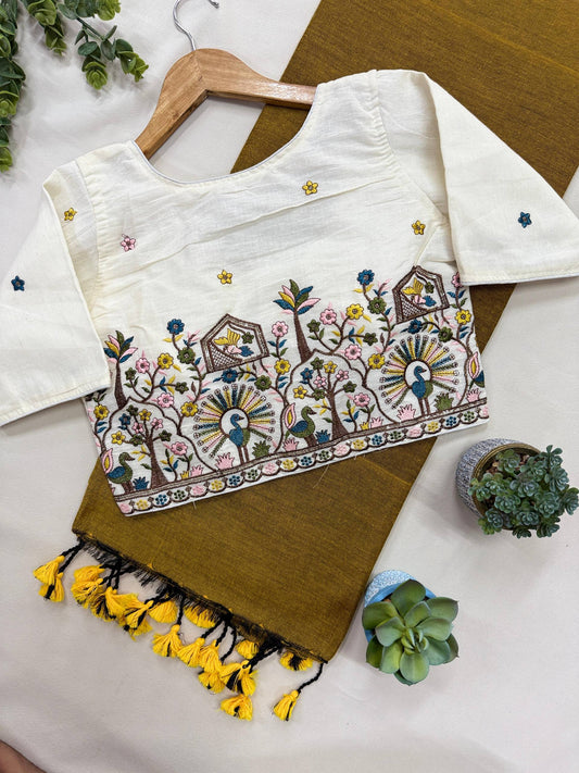 Mustard Yellow Khadi Cotton Saree With Stitched Handwork Blouse