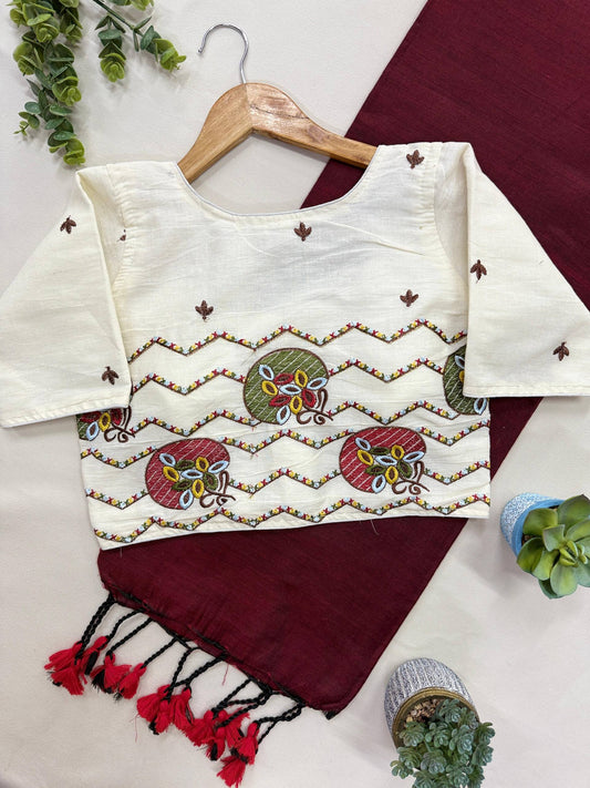 Maroon Pure Handloom Cotton Saree With Stitched Handwork Blouse