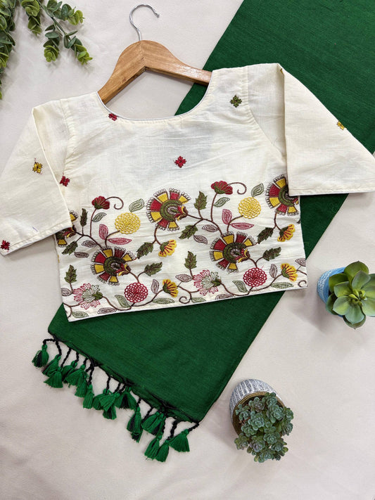 Pure Handloom Cotton Saree With Stitched Handwork Blouse
