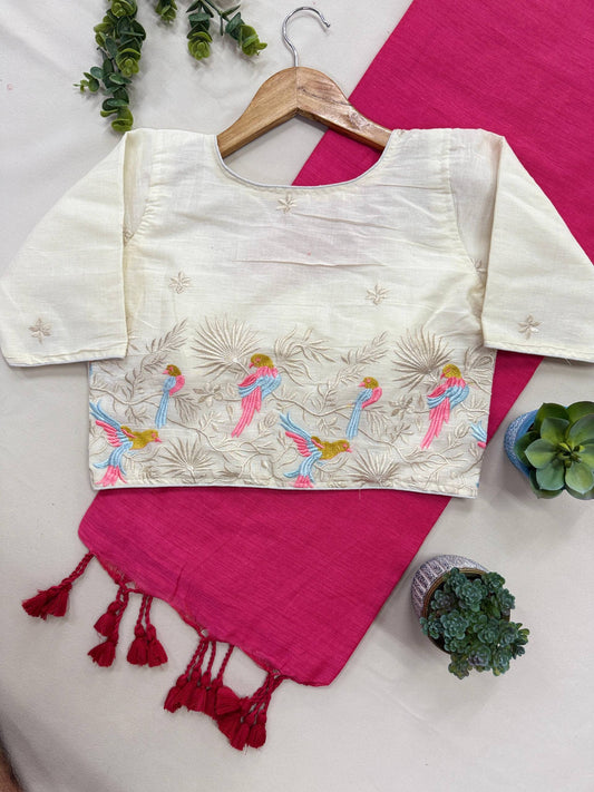 Pink Pure Handloom Cotton Saree With Stitched Handwork Blouse