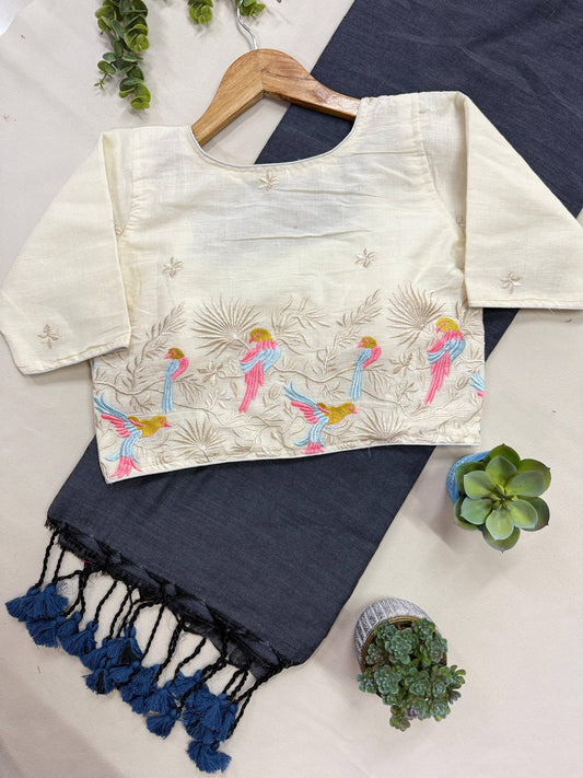 Navey Blue Pure Handloom Cotton Saree With Stitched Handwork Blouse