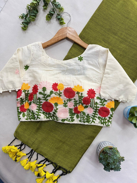 Pure Handloom Cotton Saree With Stitched Embroidery Blouse