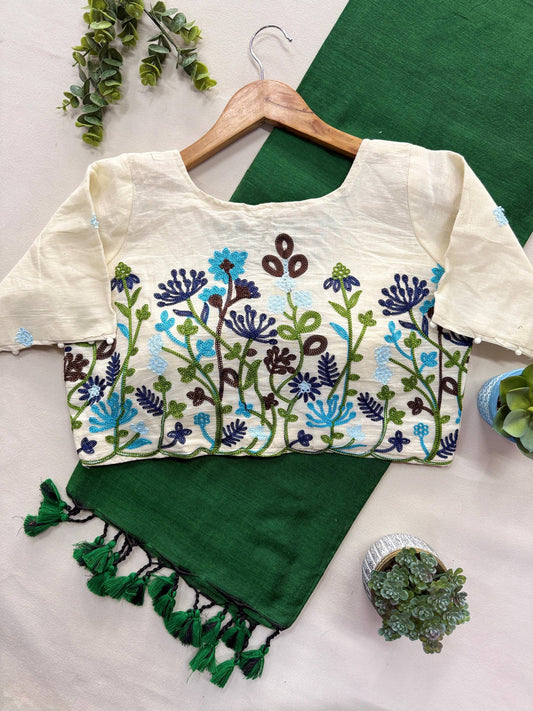Pure Handloom Cotton Saree With Stitched Embroidery Blouse