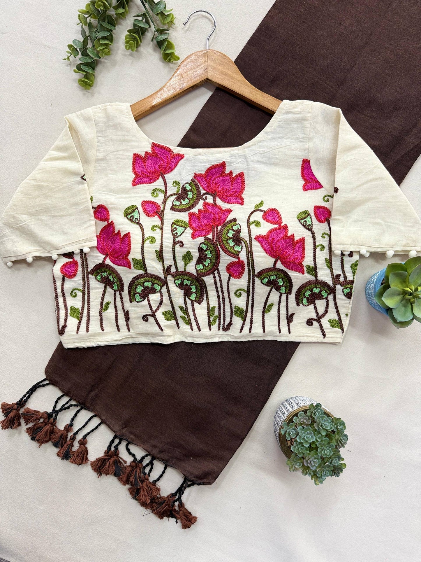 Pure Handloom Cotton Saree With Stitched Embroidery Blouse