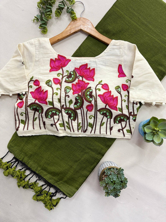 Pure Handloom Cotton Saree With Stitched Embroidery Blouse