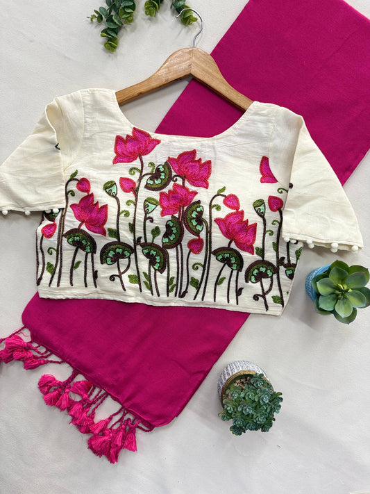 Pure Handloom Cotton Saree With Stitched Embroidery Blouse