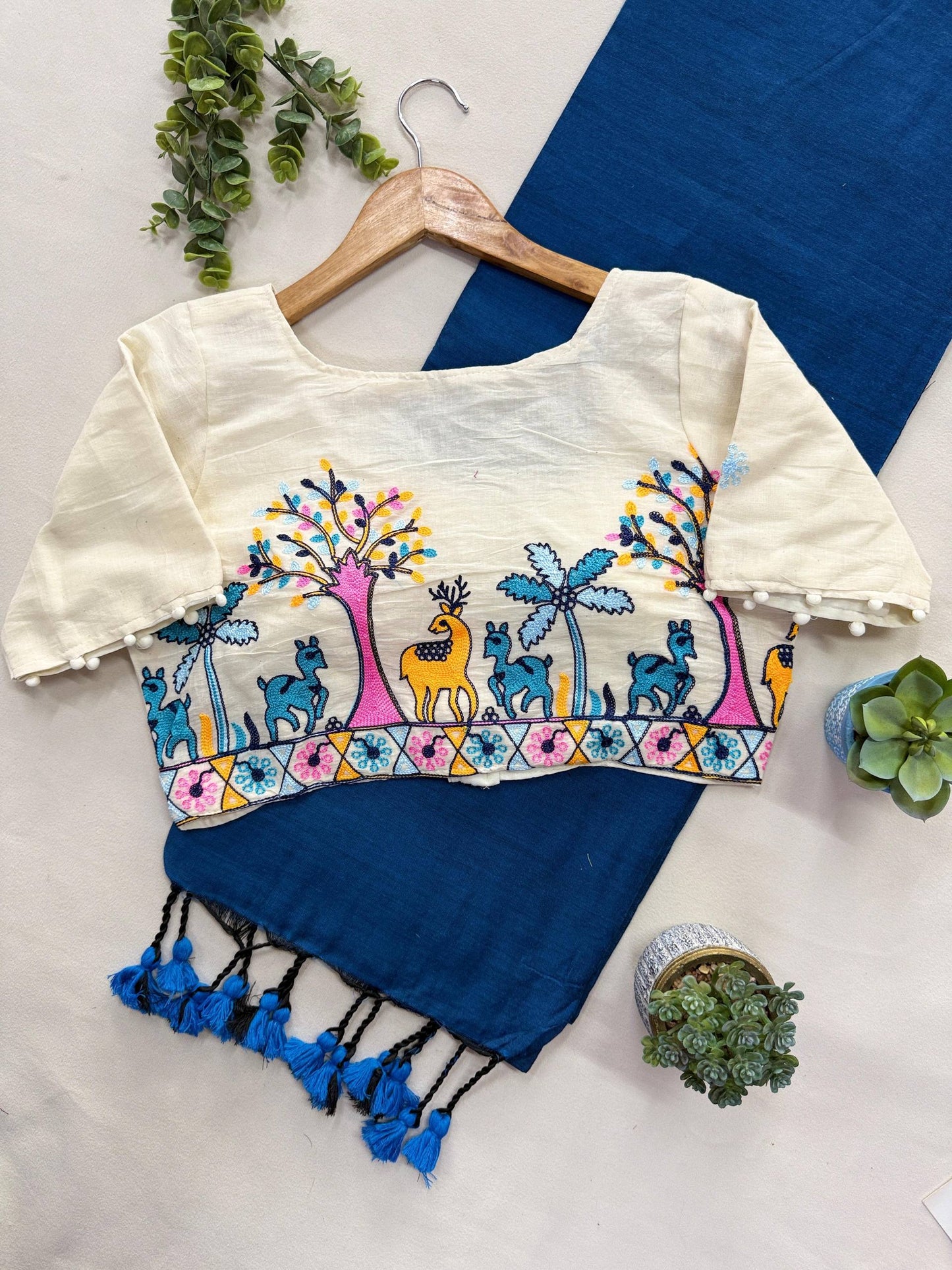 Pure Handloom Cotton Saree With Stitched Embroidery Blouse