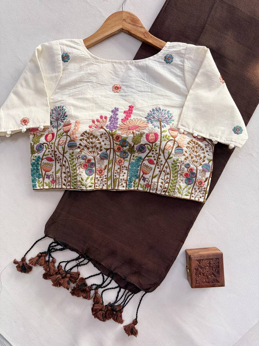 Dark Brown Pure Handloom Cotton Saree With Stitched Embroidery Blouse