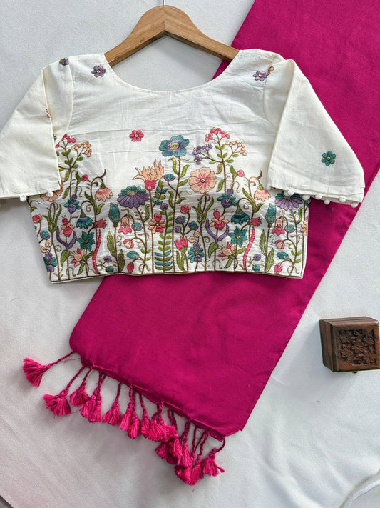 Pure Handloom Cotton Saree With Stitched Embroidery Blouse