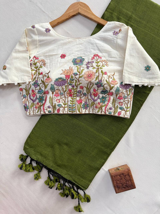 Pure Handloom Cotton Saree With Stitched Embroidery Blouse
