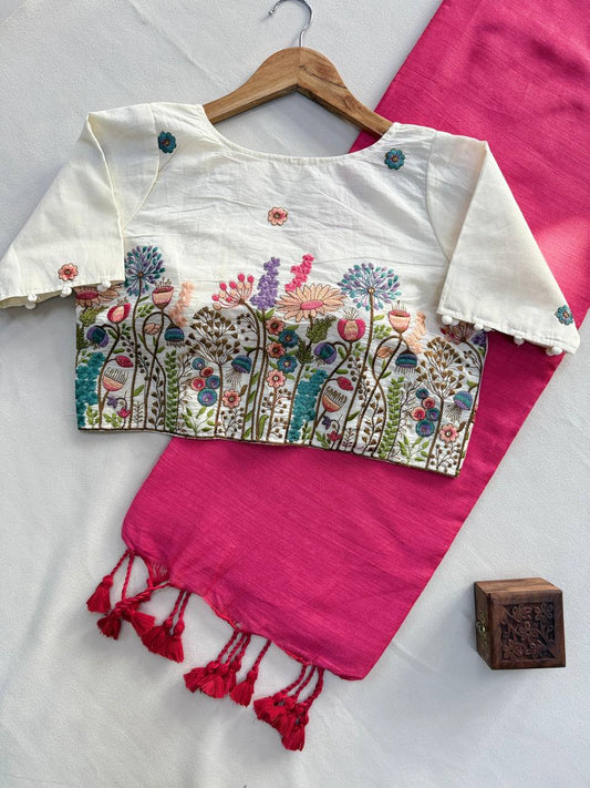 Pink Pure Handloom Cotton Saree With Stitched Embroidery Blouse