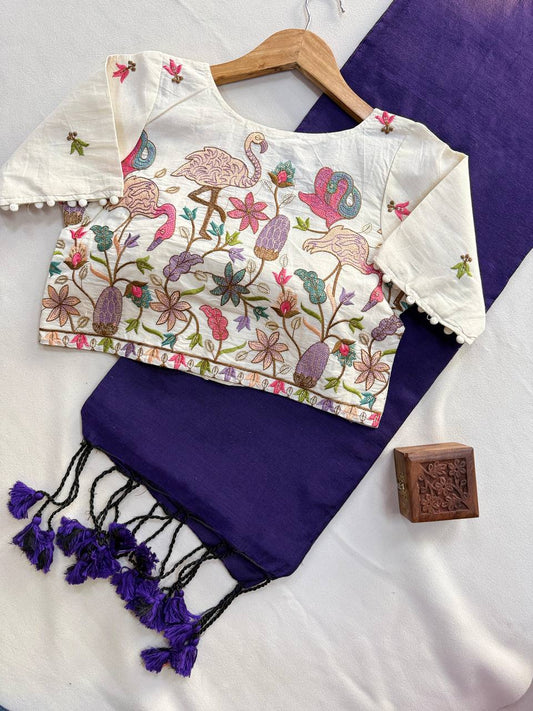 Pure Handloom Cotton Saree With Stitched Embroidery Blouse