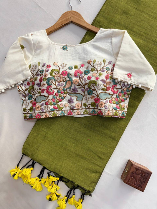 Pure Handloom Cotton Saree With Stitched Embroidery Blouse
