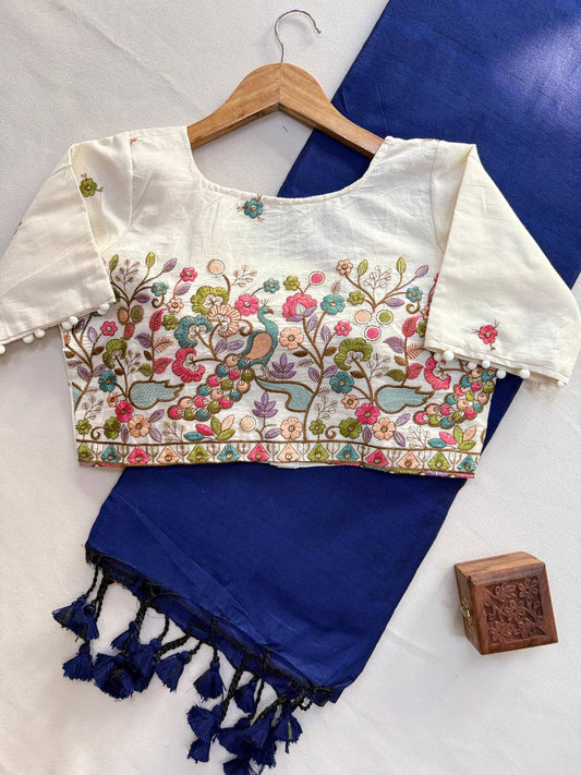 Pure Handloom Cotton Saree With Stitched Embroidery Blouse