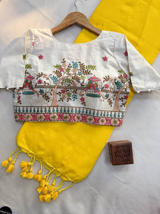 Pure Handloom Cotton Saree With Stitched Embroidery Blouse