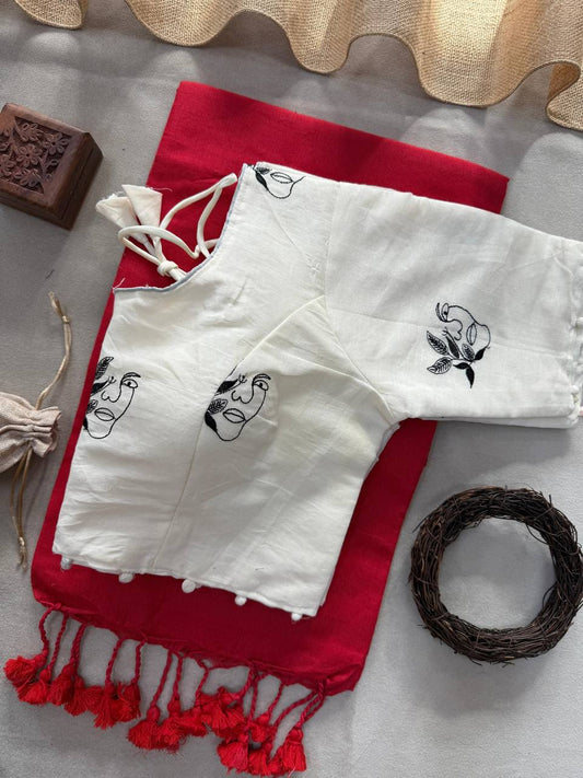 Pure Handloom Cotton Saree With Stitched Embroidery Blouse