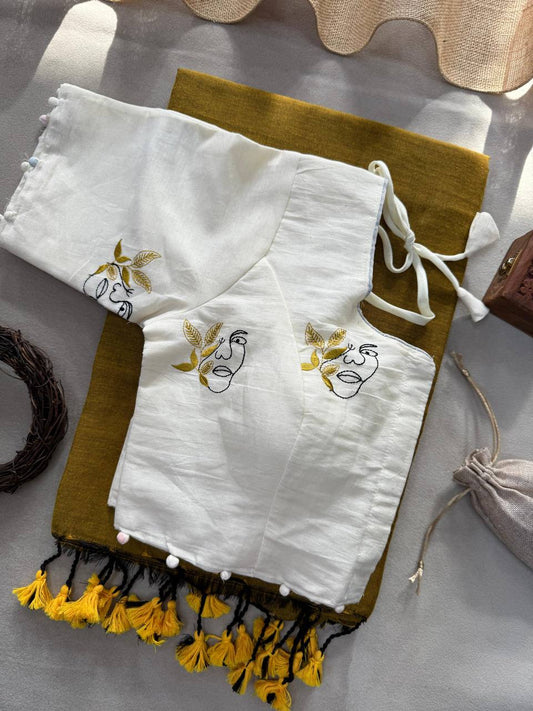 Pure Handloom Cotton Saree With Stitched Embroidery Blouse