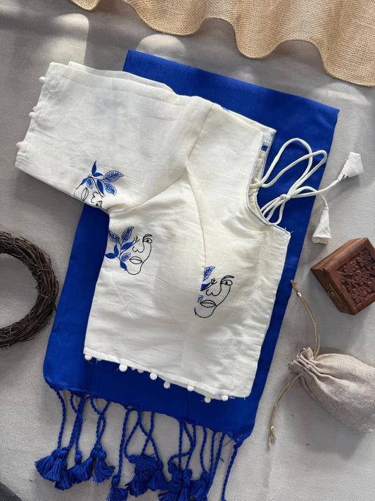 Pure Handloom Cotton Saree With Stitched Embroidery Blouse
