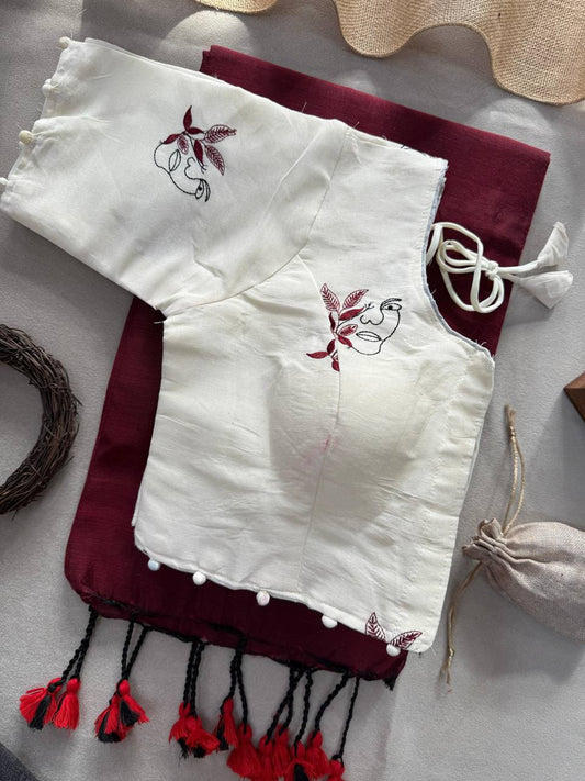 Pure Handloom Cotton Saree With Stitched Embroidery Blouse