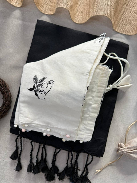 Pure Handloom Cotton Saree With Stitched Embroidery Blouse