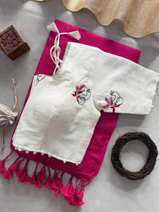 Pure Handloom Cotton Saree With Stitched Embroidery Blouse
