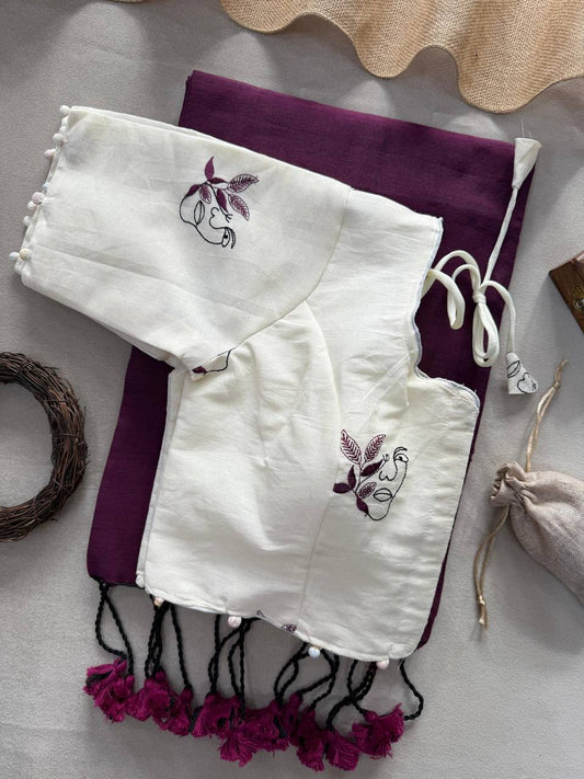 Pure Handloom Cotton Saree With Stitched Embroidery Blouse