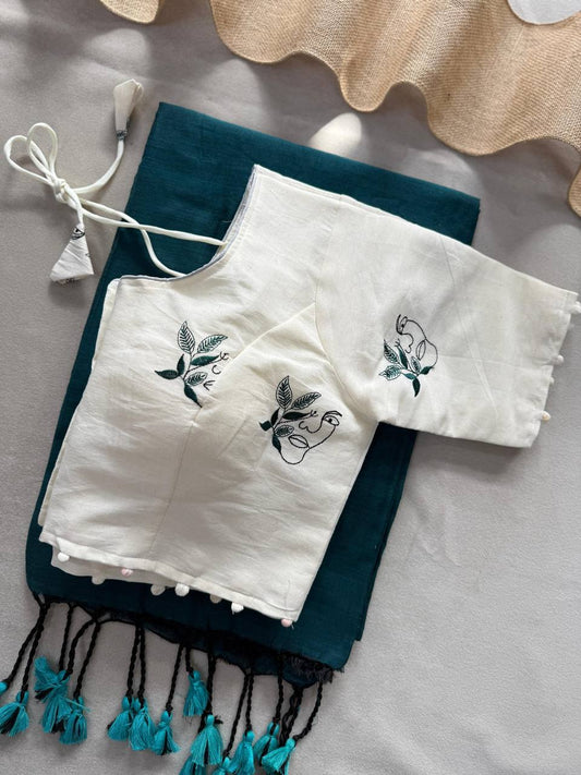 Pure Handloom Cotton Saree With Stitched Embroidery Blouse