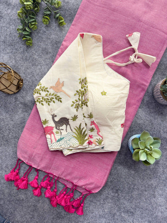 Pure Handloom Cotton Saree With Stitched Embroidery Blouse