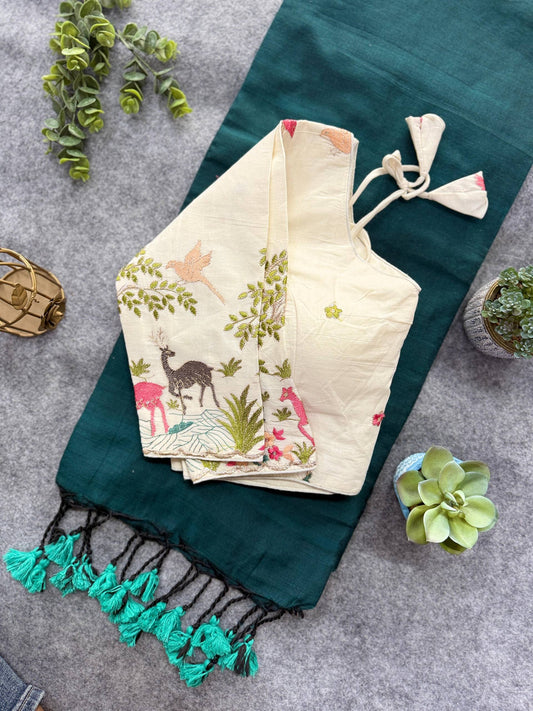Pure Handloom Cotton Saree With Stitched Embroidery Blouse