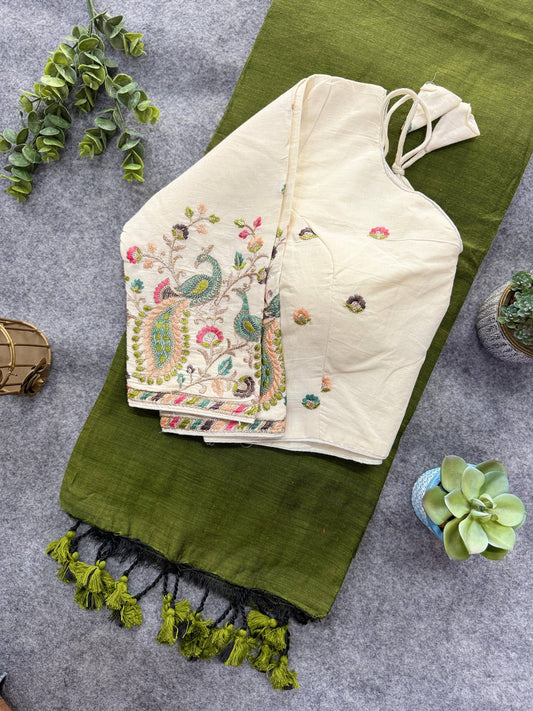 Pure Handloom Cotton Saree With Stitched Embroidery Blouse