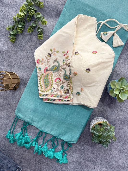 Pure Handloom Cotton Saree With Stitched Embroidery Blouse