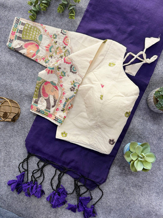 Pure Handloom Cotton Saree With Stitched Embroidery Blouse