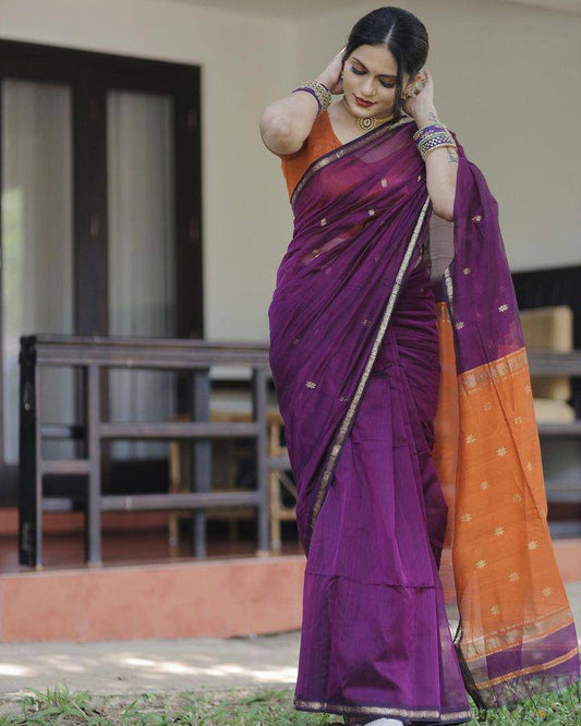 Most Elegant Wine Pure Cotton Silk Saree With Contras Blouse
