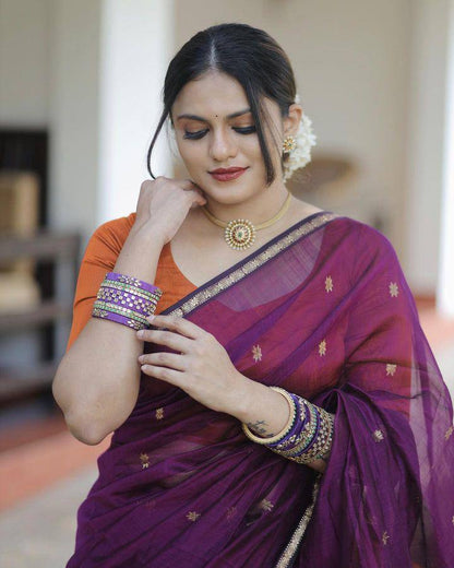 Most Elegant Wine Pure Cotton Silk Saree With Contras Blouse