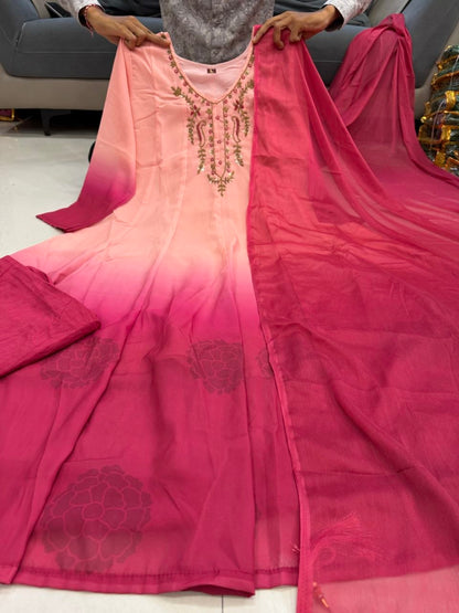 Pink Ombre Embroidered Anarkali Suit Set with Dupatta