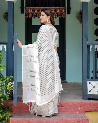 Graceful White Linen Cotton Saree Black Stripe & Arrow Motif