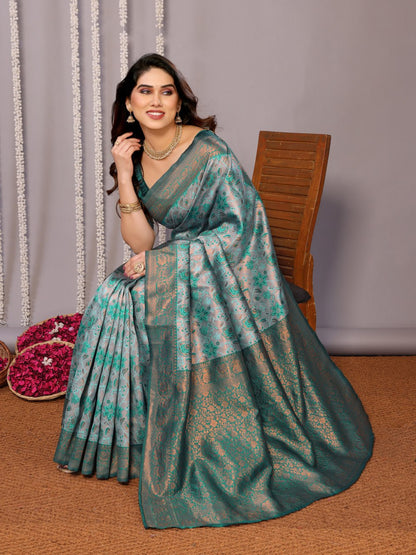 Most Stunning Teal Green Banasari Silk Saree With Blouse