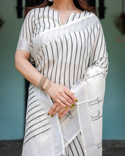 Graceful White Linen Cotton Saree Black Stripe & Arrow Motif