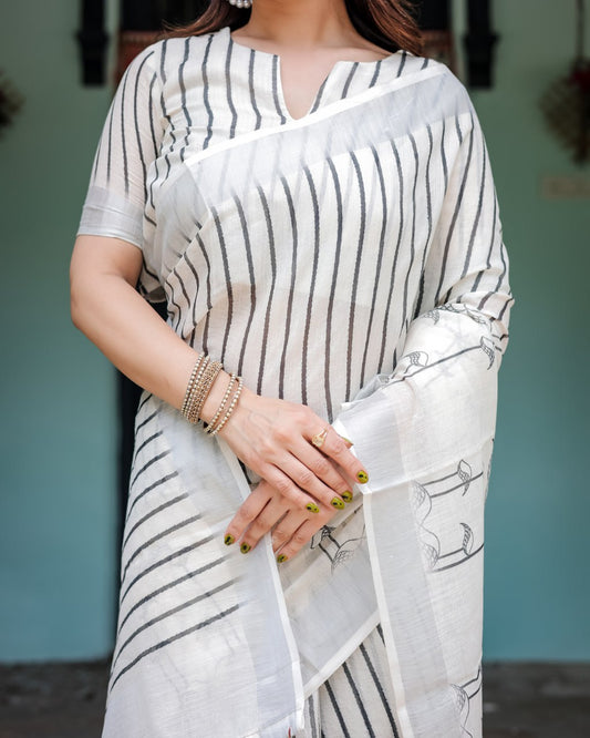 Graceful White Linen Cotton Saree Black Stripe & Arrow Motif