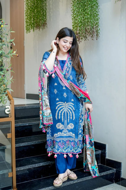Navy Blue Embroidered Muslin Suit Set with Printed Dupatta