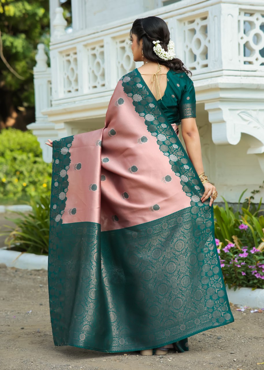 Most Charming Peach Banasari Silk Saree With Blouse