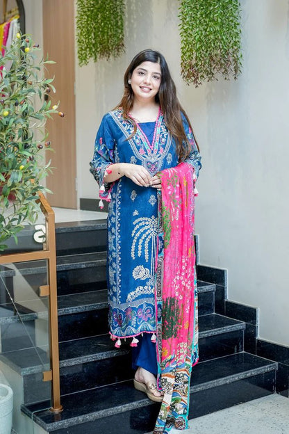 Navy Blue Embroidered Muslin Suit Set with Printed Dupatta