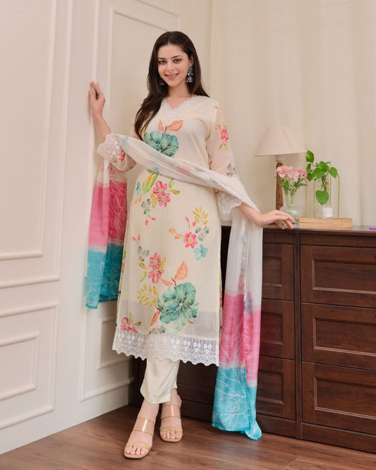 Most Charming Organza Suit Set With HandWork