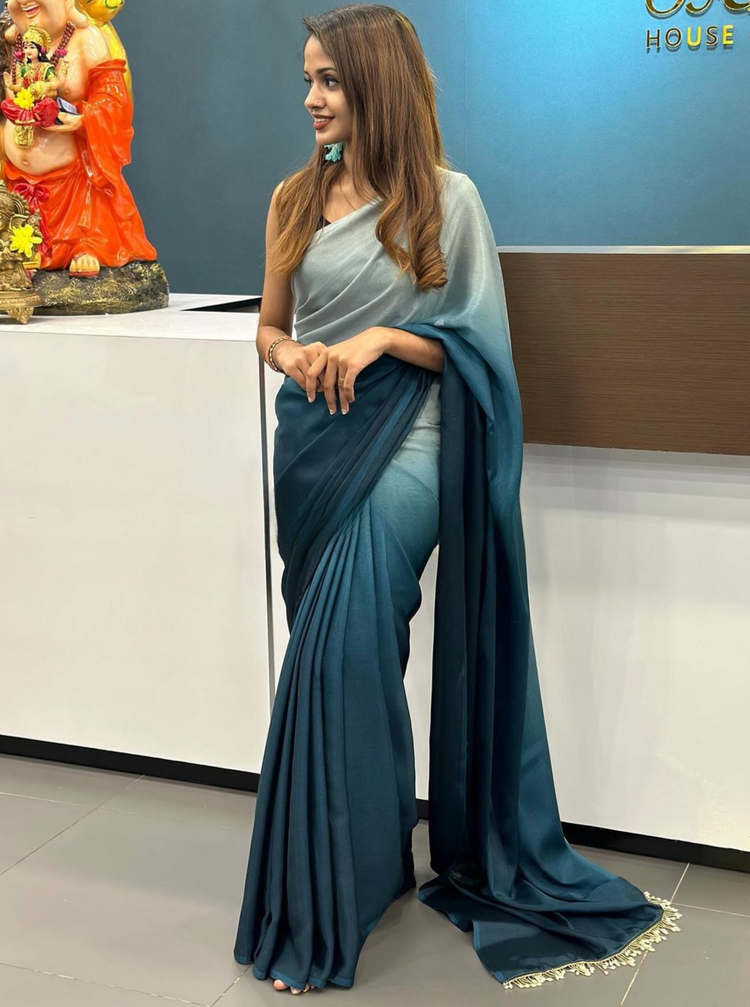 1-Min Ready to Wear Ombre Georgette Silk Saree With Handmade Tassels on Pallu